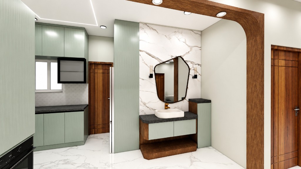 Kitchen and vanity design with sage cabinetry, marble surfaces, sculptural mirror, and wood arch